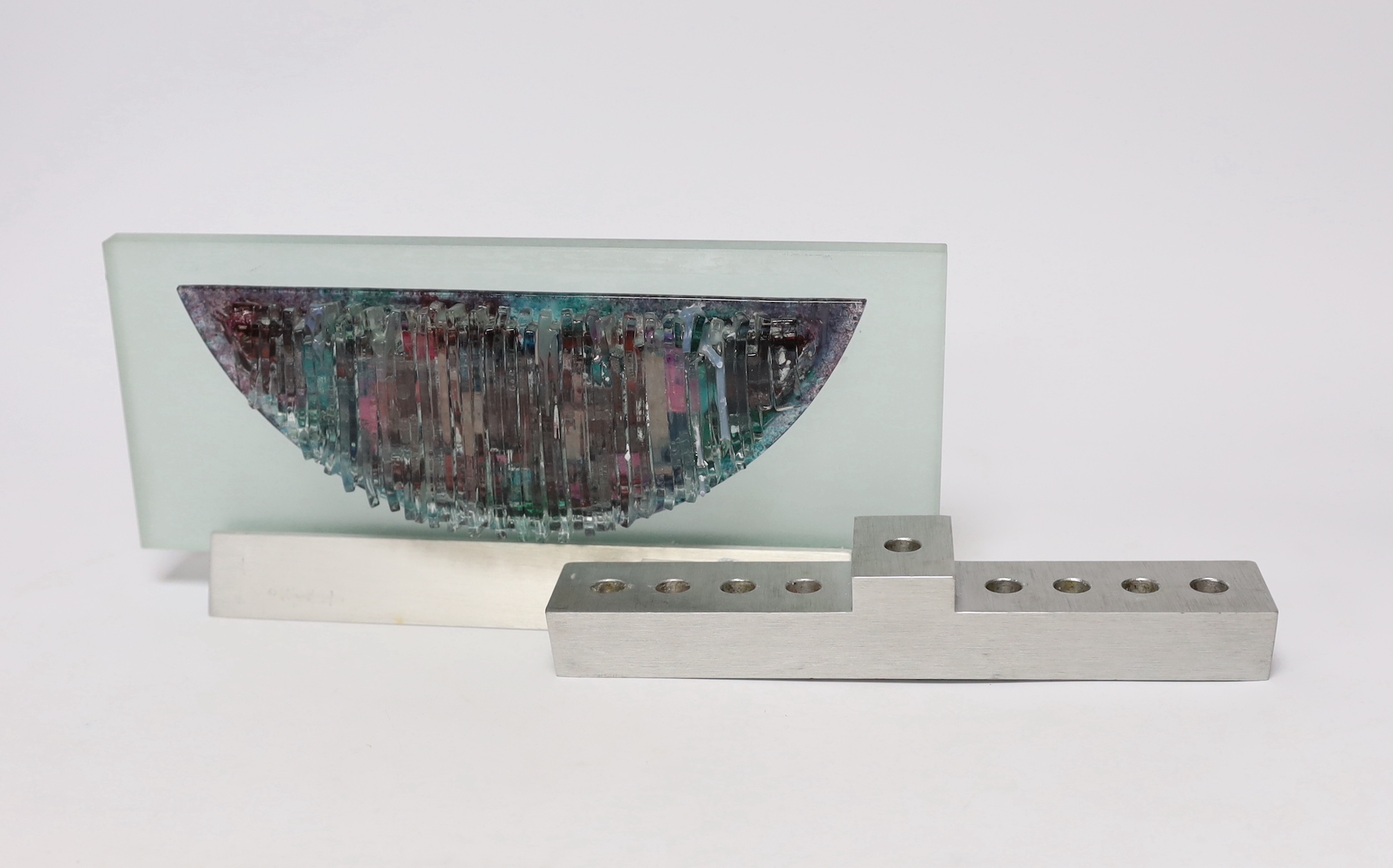 A K4 glass art frosted art glass and aluminium menorah, 14.5cm high